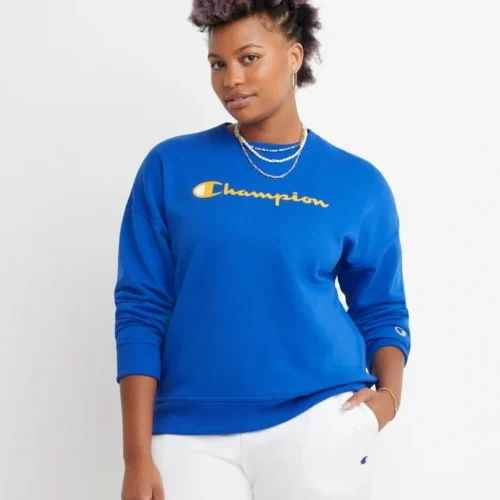 Champion Blue Powerblend Crewneck Sweatshirt, Script Logo