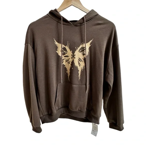 CIDER Brown Butterfly Print Fairy Grunge Hooded Sweatshirt Women