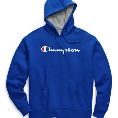 Champion Powerblend Blue Hoodie, Classic Script Logo